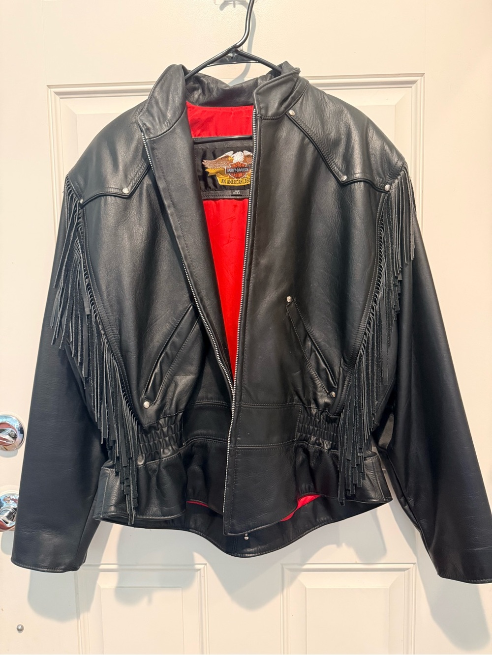 Harley-Davidson Black Leather Fringe Jacket with Red Lining